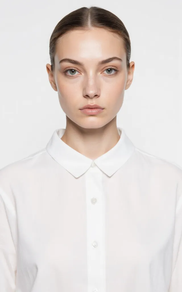 A French female model with a Minimalist makeup style, wearing a shirt, against a white background, in a front   facing bust portrait